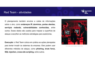 O planejamento também envolve a coleta de informações
sobre o alvo, como endereços IP, domínios, portas abertas,
serviços rodando, vulnerabilidades conhecidas, entre
outros. Esses dados são usados para mapear a superfície de
ataque e escolher as melhores estratégias para explorá-las.
Execução: o Red Team coloca em prática as ações planejadas
para tentar invadir os sistemas da empresa. Eles podem usar
diferentes métodos de ataque, como phishing, brute force,
SQL injection, cross-site scripting, entre outros.
Red Team - atividades
Fonte: Imagem criada por Inteligência Artificial no Bing.
 