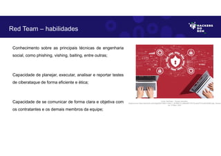 Conhecimento sobre as principais técnicas de engenharia
social, como phishing, vishing, baiting, entre outras;
Capacidade de planejar, executar, analisar e reportar testes
de ciberataque de forma eficiente e ética;
Capacidade de se comunicar de forma clara e objetiva com
os contratantes e os demais membros da equipe;
Red Team – habilidades
Fonte: RedTeam – Equipe Vermelha.
Disponível em https://as2.ftcdn.net/v2/jpg/05/47/99/31/1000_F_547993174_6SRwBS1T8YVVnu6JIdT7L2ixlHJDh4K5.jpg. Acesso
em 10 Maio. 2023
 