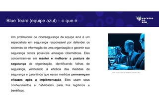 Um profissional de cibersegurança da equipe azul é um
especialista em segurança responsável por defender os
sistemas de informação de uma organização e garantir sua
segurança contra possíveis ameaças cibernéticas. Eles
concentram-se em manter e melhorar a postura de
segurança da organização, identificando falhas de
segurança, verificando a eficácia das medidas de
segurança e garantindo que essas medidas permaneçam
eficazes após a implementação. Eles usam seus
conhecimentos e habilidades para fins legítimos e
benéficos.
Blue Team (equipe azul) – o que é
Fonte: Imagem criada por Inteligência Artificial no Bing.
 