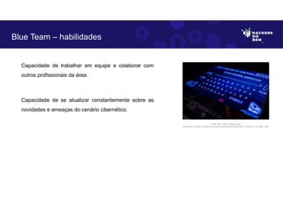 Capacidade de trabalhar em equipe e colaborar com
outros profissionais da área.
Capacidade de se atualizar constantemente sobre as
novidades e ameaças do cenário cibernético.
Blue Team – habilidades
Fonte: Blue Team– Equipe Azul.
Disponível em https://unsplash.com/pt-br/fotografias/3TiNowmZluA. Acesso em 25 Maio. 2023
 