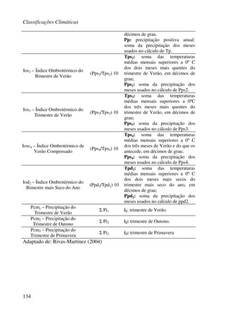Classificações Climáticas
134
décimos de grau.
Pp: precipitação positiva anual:
soma da precipitação dos meses
usados no cálculo de Tp.
Ios2 – Índice Ombrotérmico do
Bimestre de Verão
(Pps2/Tps2) 10
Tps2: soma das temperaturas
médias mensais superiores a 0º C
dos dois meses mais quentes do
trimestre de Verão, em décimos de
grau;
Pps2: soma da precipitação dos
meses usados no cálculo de Pps2.
Ios3 – Índice Ombrotérmico do
Trimestre de Verão
(Pps3/Tps3) 10
Tps3: soma das temperaturas
médias mensais superiores a 0ºC
dos três meses mais quentes do
trimestre de Verão, em décimos de
grau;
Pps3: soma da precipitação dos
meses usados no cálculo de Pps3.
Iosc4 – Índice Ombrotérmico de
Verão Compensado
(Pps4/Tps4) 10
Tps4: soma das temperaturas
médias mensais superiores a 0º C
dos três meses de Verão e do que os
antecede, em décimos de grau;
Pps4: soma da precipitação dos
meses usados no cálculo de Pps4.
Iod2 – Índice Ombrotérmico do
Bimestre mais Seco do Ano
(Ppd2/Tpd2) 10
Tpd2: soma das temperaturas
médias mensais superiores a 0º C
dos dois meses mais secos do
trimestre mais seco do ano, em
décimos de grau;
Ppd2: soma da precipitação dos
meses usados no cálculo de ppd2.
Pcm1 – Precipitação do
Trimestre de Verão
Σ Pi1 i1: trimestre de Verão.
Pcm2 – Precipitação do
Trimestre de Outono
Σ Pi2 i2: trimestre de Outono.
Pcm3 – Precipitação do
Trimestre de Primavera
Σ Pi3 i3: trimestre de Primavera
Adaptado de: Rivas-Martínez (2004)
 