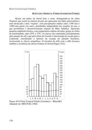 Brasil: Caracterização Climática
176
10.2 CLIMA TROPICAL ÚMIDO (LITORÂNEO ÚMIDO)
Ocorre em partes do litoral leste e oeste, distinguindo-se do clima
Tropical, que ocorre no interior do país por apresentar um índice pluviométrico
mais destacado e mais “regular”, com precipitações médias entre 1.500 mm e
2.000 mm anuais (ou mais), distribuídas independente das estações do ano, o
que possibilitou o desenvolvimento original da Mata Atlântica. Apresenta
pequena amplitude térmica, com temperaturas médias elevadas, graças ao efeito
da maritimidade, entre 25ºC e 27ºC. As chuvas são controladas principalmente
pela atuação da mTa, que pelo efeito de Coriolis é direcionada do oceano para o
continente, encontrando a barreira da escarpa do planalto brasileiro,
favorecendo as chuvas orográficas. O encontro da mTa com a mPa favorece
também a ocorrência de chuvas frontais no litoral (Figura 10.4).
T (ºC) P (mm)
30
40
20
10
0 0
20
40
60
80
100
J F M A M J J A OS N D
200
300
120
140
160
180
220
240
260
280
320
340
Figura 10.4 Clima Tropical Úmido (Litorâneo) – Ilhéus/BA
Adaptado de: MEC/FAE (1984)
 