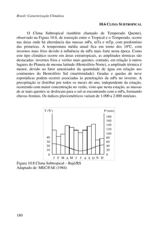 Brasil: Caracterização Climática
180
10.6 CLIMA SUBTROPICAL
O Clima Subtropical (também chamado de Temperado Quente),
observado na Figura 10.8, de transição entre o Tropical e o Temperado, ocorre
nas áreas onde há alternância das massas mPa, mTa e mTp, com predomínio
das primeiras. A temperatura média anual fica em torno dos 18ºC, com
invernos mais frios devido à influência da mPa mais forte nesta época. Como
este tipo climático ocorre em áreas extratropicais, as amplitudes térmicas são
destacadas: invernos frios e verões mais quentes, contudo, em relação à outros
lugares do Planeta de mesma latitude (Hemisfério Norte), a amplitude térmica é
menor, devido ao fator amenizador da quantidade de água em relação aos
continentes do Hemisfério Sul (maritimidade). Geadas e quedas de neve
esporádicas podem ocorrer associadas às penetrações da mPa no inverno. A
precipitação se distribui por todos os meses do ano, independente da estação,
ocorrendo com maior concentração no verão, visto que nesta estação, as massas
de ar mais quentes se deslocam para o sul se encontrando com a mPa, formando
chuvas frontais. Os índices pluviométricos variam de 1.000 a 2.000 mm/ano.
T (ºC) P (mm)
30
40
20
10
0 0
20
40
60
80
100
J F M A M J J A OS N D
120
140
160
180
Figura 10.8 Clima Subtropical – Bajé/RS
Adaptado de: MEC/FAE (1984)
 