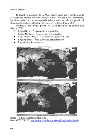 Eventos Especiais
198
Já durante os episódios de La Niña, ocorre quase que o oposto, a costa
sul-americana, que em situações normais, é mais fria que a costa australiana,
fica ainda mais fria, em contrapartida, reforçando a área de alta pressão aí
observada. Seus efeitos globais podem ser observados na Figura 11.8.
No Brasil, seus efeitos podem ser assim resumidos de acordo com
Oliveira (2001):
• Região Norte – Aumento das precipitações.
• Região Nordeste – Aumento das precipitações.
• Região Centro-Oeste – Área com baixa previsibilidade.
• Região Sudeste – Área com baixa previsibilidade.
• Região Sul – Secas severas.
Figura 11.8 Efeitos globais do La Niña
Fonte: CPTEC/INPE (http://www.cptec.inpe.br/enos/globo_la-nina.shtml)
 