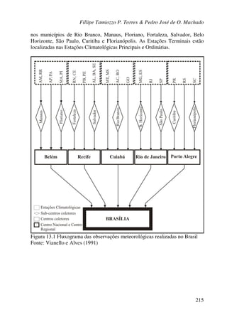 Fillipe Tamiozzo P. Torres & Pedro José de O. Machado
215
nos municípios de Rio Branco, Manaus, Floriano, Fortaleza, Salvador, Belo
Horizonte, São Paulo, Curitiba e Florianópolis. As Estações Terminais estão
localizadas nas Estações Climatológicas Principais e Ordinárias.
Figura 13.1 Fluxograma das observações meteorológicas realizadas no Brasil
Fonte: Vianello e Alves (1991)
 