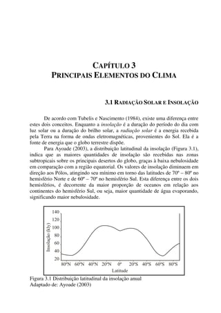 CAPÍTULO 3
PRINCIPAIS ELEMENTOS DO CLIMA
3.1 RADIAÇÃO SOLAR E INSOLAÇÃO
De acordo com Tubelis e Nascimento (1984), existe uma diferença entre
estes dois conceitos. Enquanto a insolação é a duração do período do dia com
luz solar ou a duração do brilho solar, a radiação solar é a energia recebida
pela Terra na forma de ondas eletromagnéticas, provenientes do Sol. Ela é a
fonte de energia que o globo terrestre dispõe.
Para Ayoade (2003), a distribuição latitudinal da insolação (Figura 3.1),
indica que as maiores quantidades de insolação são recebidas nas zonas
subtropicais sobre os principais desertos do globo, graças à baixa nebulosidade
em comparação com a região equatorial. Os valores de insolação diminuem em
direção aos Pólos, atingindo seu mínimo em torno das latitudes de 70º – 80º no
hemisfério Norte e de 60º – 70º no hemisfério Sul. Esta diferença entre os dois
hemisférios, é decorrente da maior proporção de oceanos em relação aos
continentes do hemisfério Sul, ou seja, maior quantidade de água evaporando,
significando maior nebulosidade.
Figura 3.1 Distribuição latitudinal da insolação anual
Adaptado de: Ayoade (2003)
 