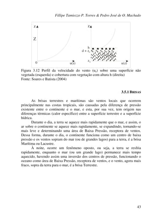 Fillipe Tamiozzo P. Torres & Pedro José de O. Machado
43
zz
Z
z0
0 u(z)u(z)
h
d + z0
Figura 3.12 Perfil da velocidade do vento (uz) sobre uma superfície não
vegetada (esquerda) e cobertura com vegetação com altura h (direita)
Fonte: Soares e Batista (2004)
3.5.1 BRISAS
As brisas terrestres e marítimas são ventos locais que ocorrem
principalmente nas costas tropicais, são causadas pela diferença de pressão
existente entre o continente e o mar, e esta, por sua vez, tem origem nas
diferenças térmicas (calor específico) entre a superfície terrestre e a superfície
hídrica.
Durante o dia, a terra se aquece mais rapidamente que o mar, e assim, o
ar sobre o continente se aquece mais rapidamente, se expandindo, tornando-se
mais leve e determinando uma área de Baixa Pressão, receptora de ventos.
Dessa forma, durante o dia, o continente funciona como um centro de baixa
pressão e os ventos sopram do mar (ou de grandes lagos) para a terra, é a brisa
Marítima ou Lacustre.
À noite, ocorre um fenômeno oposto, ou seja, a terra se resfria
rapidamente, enquanto o mar (ou um grande lago) permanece mais tempo
aquecido, havendo assim uma inversão dos centros de pressão, funcionando o
oceano como área de Baixa Pressão, receptora de ventos, e o vento, agora mais
fraco, sopra da terra para o mar, é a brisa Terrestre.
 