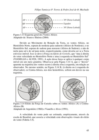 Fillipe Tamiozzo P. Torres & Pedro José de O. Machado
45
Figura 3.13 Esquema geral dos Ventos Alísios
Adaptado de: Soares e Batista (2004)
Devido ao Movimento de Rotação da Terra, os ventos Alísios, no
Hemisfério Norte, sopram de nordeste para sudoeste (Alísios de Nordeste), e no
Hemisfério Sul, sopram de sudeste para noroeste (Alísios de Sudeste), e não de
norte para sul e de sul para norte, respectivamente, como deveria ser se a Terra
estivesse imóvel. Isso se deve à Força ou Efeito de Coriolis, que “atua à direita
do vetor velocidade no Hemisfério Norte e atua à esquerda no Hemisfério Sul”
(VIANELLO e ALVES, 1991). A ação dessa força se aplica à qualquer corpo
móvel em um meio giratório. Observa-se pela Figura 3.14 A, que o “desvio”
aparente na trajetória dos ventos ocorre à direita e/ou à esquerda, em relação ao
observador. No mesmo sentido, na Figura 3.14 B, (à direita ou à esquerda do
observador), os Contra-Alísios, nos dois hemisférios, sofrem um desvio na sua
trajetória.
Figura 3.14 Efeito da Força de Coriolis sobre os ventos Alísios (A) e Contra-
Alísios (B)
Adaptado de Argentiére (1960) e Vianello e Alves (1991).
A velocidade do vento pode ser estimada, empiricamente, através da
escala de Beaufort, que associa a velocidade com observações visuais do efeito
do vento (Tabela 3.5).
 