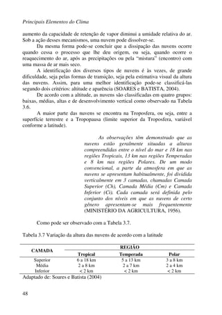 Principais Elementos do Clima
48
aumento da capacidade de retenção de vapor diminui a umidade relativa do ar.
Sob a ação desses mecanismos, uma nuvem pode dissolver-se.
Da mesma forma pode-se concluir que a dissipação das nuvens ocorre
quando cessa o processo que lhe deu origem, ou seja, quando ocorre o
reaquecimento do ar, após as precipitações ou pela “mistura” (encontro) com
uma massa de ar mais seco.
A identificação dos diversos tipos de nuvens é às vezes, de grande
dificuldade, seja pelas formas de transição, seja pela estimativa visual da altura
das nuvens. Assim, para uma melhor identificação pode-se classificá-las
segundo dois critérios: altitude e aparência (SOARES e BATISTA, 2004).
De acordo com a altitude, as nuvens são classificadas em quatro grupos:
baixas, médias, altas e de desenvolvimento vertical como observado na Tabela
3.6.
A maior parte das nuvens se encontra na Troposfera, ou seja, entre a
superfície terrestre e a Tropopausa (limite superior da Troposfera, variável
conforme a latitude).
As observações têm demonstrado que as
nuvens estão geralmente situadas a alturas
compreendidas entre o nível do mar e 18 km nas
regiões Tropicais, 13 km nas regiões Temperadas
e 8 km nas regiões Polares. De um modo
convencional, a parte da atmosfera em que as
nuvens se apresentam habitualmente, foi dividida
verticalmente em 3 camadas, chamadas Camada
Superior (Ch), Camada Média (Cm) e Camada
Inferior (Ci). Cada camada será definida pelo
conjunto dos níveis em que as nuvens de certo
gênero apresentam-se mais frequentemente
(MINISTÉRIO DA AGRICULTURA, 1956).
Como pode ser observado com a Tabela 3.7.
Tabela 3.7 Variação da altura das nuvens de acordo com a latitude
REGIÃO
CAMADA
Tropical Temperada Polar
Superior 6 a 18 km 5 a 13 km 3 a 8 km
Média 2 a 8 km 2 a 7 km 2 a 4 km
Inferior < 2 km < 2 km < 2 km
Adaptado de: Soares e Batista (2004)
 