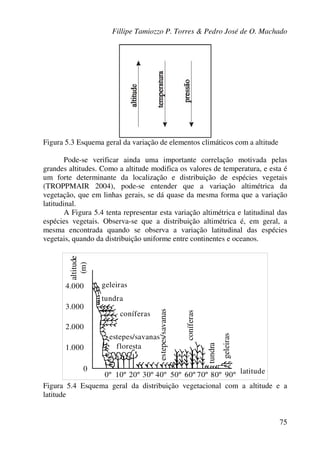 Fillipe Tamiozzo P. Torres & Pedro José de O. Machado
75
Figura 5.3 Esquema geral da variação de elementos climáticos com a altitude
Pode-se verificar ainda uma importante correlação motivada pelas
grandes altitudes. Como a altitude modifica os valores de temperatura, e esta é
um forte determinante da localização e distribuição de espécies vegetais
(TROPPMAIR 2004), pode-se entender que a variação altimétrica da
vegetação, que em linhas gerais, se dá quase da mesma forma que a variação
latitudinal.
A Figura 5.4 tenta representar esta variação altimétrica e latitudinal das
espécies vegetais. Observa-se que a distribuição altimétrica é, em geral, a
mesma encontrada quando se observa a variação latitudinal das espécies
vegetais, quando da distribuição uniforme entre continentes e oceanos.
geleiras
tundra
coníferas
estepes/savanas
floresta
geleiras
tundra
coníferas
estepes/savanas
4.000
3.000
2.000
1.000
0
0º 10º 20º 30º 40º 50º 60º 70º 80º 90º
altitude
(m)
latitude
Figura 5.4 Esquema geral da distribuição vegetacional com a altitude e a
latitude
 