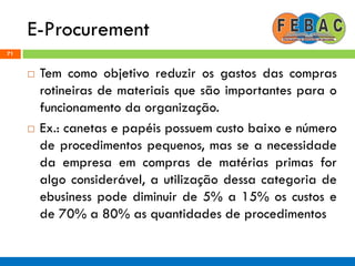 E-Procurement
71
 Tem como objetivo reduzir os gastos das compras
rotineiras de materiais que são importantes para o
funcionamento da organização.
 Ex.: canetas e papéis possuem custo baixo e número
de procedimentos pequenos, mas se a necessidade
da empresa em compras de matérias primas for
algo considerável, a utilização dessa categoria de
ebusiness pode diminuir de 5% a 15% os custos e
de 70% a 80% as quantidades de procedimentos
 
