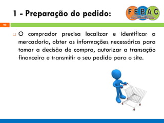 1 - Preparação do pedido:
90
 O comprador precisa localizar e identificar a
mercadoria, obter as informações necessárias para
tomar a decisão de compra, autorizar a transação
financeira e transmitir o seu pedido para o site.
 