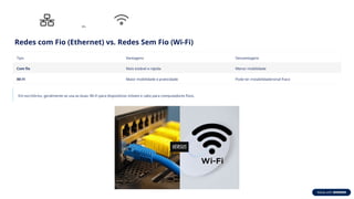 vs.
Redes com Fio (Ethernet) vs. Redes Sem Fio (Wi-Fi)
Tipo Vantagens Desvantagens
Com fio Mais estável e rápida Menor mobilidade
Wi-Fi Maior mobilidade e praticidade Pode ter instabilidade/sinal fraco
Em escritórios, geralmente se usa as duas: Wi-Fi para dispositivos móveis e cabo para computadores fixos.
 