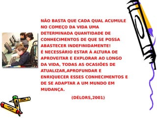 NÃO BASTA QUE CADA QUAL ACUMULE
NO COMEÇO DA VIDA UMA
DETERMINADA QUANTIDADE DE
CONHECIMENTOS DE QUE SE POSSA
ABASTECER INDEFINIDAMENTE!
É NECESSÁRIO ESTAR À ALTURA DE
APROVEITAR E EXPLORAR AO LONGO
DA VIDA, TODAS AS OCASIÕES DE
ATUALIZAR,APROFUNDAR E
ENRIQUECER ESSES CONHECIMENTOS E
DE SE ADAPTAR A UM MUNDO EM
MUDANÇA.
(DÉLORS,2001)

 