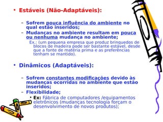 • Estáveis (Não-Adaptáveis):
– Sofrem pouca influência do ambiente no
qual estão inseridos;
– Mudanças no ambiente resultam em pouca
ou nenhuma mudança no ambiente;
Ex.: (um pequena empresa que produz brinquedos de
blocos de madeira pode ser bastante estável, desde
que a fonte de matéria prima e as preferências
tenham se mantido).

• Dinâmicos (Adaptáveis):
– Sofrem constantes modificações devido às
mudanças ocorridas no ambiente que estão
inseridos;
– Flexibilidade;
• Ex: Fábrica de computadores /equipamentos
eletrônicos (mudanças tecnologia forçam o
desenvolvimento de novos produtos);

 