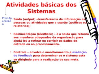 Atividades básicas dos
Sistemas
Produto Saída (output) –transferência da informação as
•
acabad
pessoas ou atividades que a usarão (gráficos ou
o

relatórios);

• Realimentação (feedback) – é a saída que retorna
aos membros adequados da organização para
ajudá-los a refinar ou corrigir os dados de
entrada ou ao processamento.
• Controle – envolve o monitoramento e avaliação
do feedback para determinar se o sistema esta
se dirigindo para a realização de sua meta.

 