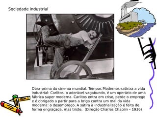 Sociedade industrial

Obra-prima do cinema mundial, Tempos Modernos satiriza a vida
industrial: Carlitos, o adorável vagabundo, é um operário de uma
fábrica super moderna. Carlitos entra em crise, perde o emprego
e é obrigado a partir para a briga contra um mal da vida
moderna: o desemprego. A sátira à industrialização é feita de
forma engraçada, mas triste. (Direção Charles Chaplin – 1936)

 