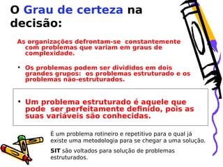 O Grau de certeza na
decisão:
As organizações defrontam-se constantemente
com problemas que variam em graus de
complexidade.
• Os problemas podem ser divididos em dois
grandes grupos: os problemas estruturado e os
problemas não-estruturados.

• Um problema estruturado é aquele que
pode ser perfeitamente definido, pois as
suas variáveis são conhecidas.
É um problema rotineiro e repetitivo para o qual já
existe uma metodologia para se chegar a uma solução.
SIT são voltados para solução de problemas
estruturados.

 