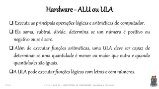 Hardware - ALU ou ULA
19:24
 Executa as principais operações lógicas e aritméticas do computador.
 Ela soma, subtrai, divide, determina se um número é positivo ou
negativo ou se é zero.
 Além de executar funções aritméticas, uma ULA deve ser capaz de
determinar se uma quantidade é menor ou maior que outra e quando
quantidades são iguais.
A ULA pode executar funções lógicas com letras e com números.
I.C.C.: Aula 04 - ARQUITETURA DE COMPUTADORES (Hardware e Software)
 
