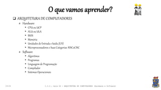O que vamos aprender?
 ARQUITETURA DE COMPUTADORES
# Hardware
• CPU ou UCP
• ALU ou ULA
• BIOS
• Memória
• Unidades de Entrada e Saída (E/S)
• Microprocessadores e Suas Categorias: RISCxCISC
# Software
• Algoritmos
• Programas
• Linguagem de Programação
• Compilador
• Sistemas Operacionais
19:24 I.C.C.: Aula 04 - ARQUITETURA DE COMPUTADORES (Hardware e Software)
 
