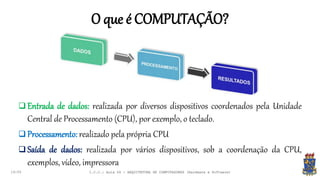 O que é COMPUTAÇÃO?
19:55
 Entrada de dados: realizada por diversos dispositivos coordenados pela Unidade
Central de Processamento (CPU), por exemplo, o teclado.
 Processamento: realizado pela própria CPU
 Saída de dados: realizada por vários dispositivos, sob a coordenação da CPU,
exemplos, vídeo, impressora
I.C.C.: Aula 04 - ARQUITETURA DE COMPUTADORES (Hardware e Software)
 