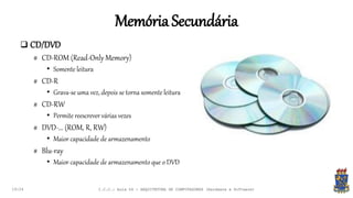 Memória Secundária
19:24
 CD/DVD
# CD-ROM (Read-Only Memory)
• Somente leitura
# CD-R
• Grava-se uma vez, depois se torna somente leitura
# CD-RW
• Permite reescrever várias vezes
# DVD-... (ROM, R, RW)
• Maior capacidade de armazenamento
# Blu-ray
• Maior capacidade de armazenamento que o DVD
I.C.C.: Aula 04 - ARQUITETURA DE COMPUTADORES (Hardware e Software)
 