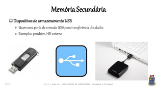 Memória Secundária
19:24
 Dispositivosde armazenamentoUSB
# Usam uma porta de conexão USB para transferência dos dados
# Exemplos: pendrive, HD externo
I.C.C.: Aula 04 - ARQUITETURA DE COMPUTADORES (Hardware e Software)
 
