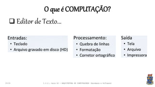 O que é COMPUTAÇÃO?
19:24
 Editor de Texto...
I.C.C.: Aula 04 - ARQUITETURA DE COMPUTADORES (Hardware e Software)
 