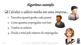 Algoritmo: exemplo
19:24
 Calcular o salário médio em uma empresa...
1. Descubra quanto ganha cada pessoa
2. Conte quantos empregados você tem
3. Totalize os salários
4. Divida o total pelo número de empregados
I.C.C.: Aula 04 - ARQUITETURA DE COMPUTADORES (Hardware e Software)
 