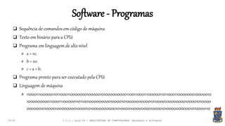 Software - Programas
19:24
 Sequência de comandos em código de máquina
 Texto em binário para a CPU
 Programa em linguagem de alto nível
# a = 10;
# b = 20;
# c = a + b;
 Programa pronto para ser executado pela CPU
 Linguagem de máquina
# 110001110000011011000110000000100000101000000000110011000111000001101100011000000010000010
10000000001100011100000110110010000000001000010100000000001010000100000000100001010000
000000101000010000000010000101000000000010100001000000001000010100000000001010000110
I.C.C.: Aula 04 - ARQUITETURA DE COMPUTADORES (Hardware e Software)
 