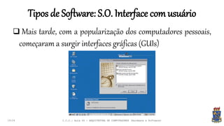 Tipos de Software: S.O. Interface com usuário
19:24
 Mais tarde, com a popularização dos computadores pessoais,
começaram a surgir interfaces gráficas (GUIs)
I.C.C.: Aula 04 - ARQUITETURA DE COMPUTADORES (Hardware e Software)
 