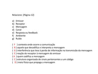 Relacione: (Página 12)
a) Emissor
b) Receptor
c) Mensagem
d) Canal
e) Resposta ou feedback
f) Ambiente
g) Ruído
( F ) contexto onde ocorre a comunicação
( B ) aquele que decodifica e interpreta a mensagem
( G ) interferência que leva à perda de informação na transmissão da mensagem
( E ) reação do receptor à mensagem do emissor
( A ) quem codifica a mensagem
( C ) estrutura organizada de sinais pertencentes a um código
( D ) meio físico que propaga a mensagem
 