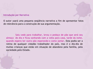 Introdução por Narrativa
O autor usará uma pequena seqüência narrativa a fim de apresentar fatos
de relevância para a construção de sua argumentação.
Saiu cedo para trabalhar, levou o pedaço de pão que será seu
almoço do dia e ficou sonhando com a volta para casa, tarde da noite,
quando espera ter outro pão esperando-o como jantar. Esta podia ser a
rotina de qualquer cidadão trabalhador do país, mas é o dia-dia de
muitas crianças que estão em situação de abandono pela família, pela
sociedade,pelo Estado.
 