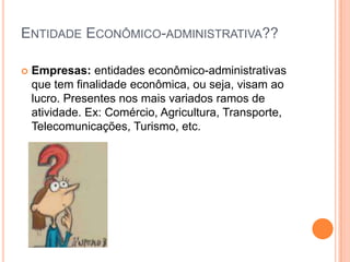 ENTIDADE ECONÔMICO-ADMINISTRATIVA??


Empresas: entidades econômico-administrativas
que tem finalidade econômica, ou seja, visam ao
lucro. Presentes nos mais variados ramos de
atividade. Ex: Comércio, Agricultura, Transporte,
Telecomunicações, Turismo, etc.

 