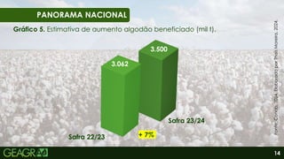 14
PANORAMA NACIONAL
Gráfico 5. Estimativa de aumento algodão beneficiado (mil t).
Safra 22/23
Safra 23/24
+ 7%
3.062
3.500
Fonte:
Conab,
2024.
Elaborado
por
Thaís
Moreira,
2024.
 