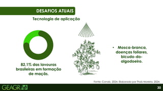 30
01
06
DESAFIOS ATUAIS
• Mosca-branca,
doenças foliares,
bicudo-do-
algodoeiro.
82,1% das lavouras
brasileiras em formação
de maçãs.
Tecnologia de aplicação
Fonte: Conab, 2024. Elaborado por Thaís Moreira, 2024.
 