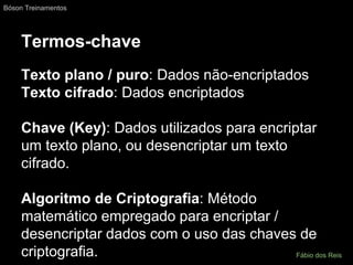 Termos-chave
Texto plano / puro: Dados não-encriptados
Texto cifrado: Dados encriptados
Chave (Key): Dados utilizados para encriptar
um texto plano, ou desencriptar um texto
cifrado.
Algoritmo de Criptografia: Método
matemático empregado para encriptar /
desencriptar dados com o uso das chaves de
criptografia.
Bóson Treinamentos
Fábio dos Reis
 