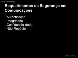 Requerimentos de Segurança em
Comunicações
- Autenticação
- Integridade
- Confidencialidade
- Não-Repúdio
Bóson Treinamentos
Fábio dos Reis
 