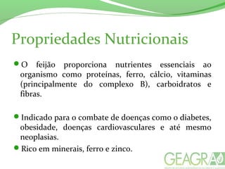 Propriedades Nutricionais
O feijão proporciona nutrientes essenciais ao
organismo como proteínas, ferro, cálcio, vitaminas
(principalmente do complexo B), carboidratos e
fibras.
Indicado para o combate de doenças como o diabetes,
obesidade, doenças cardiovasculares e até mesmo
neoplasias.
Rico em minerais, ferro e zinco.
 