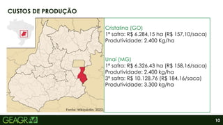 10
CUSTOS DE PRODUÇÃO
Fonte: Wikipédia, 2022.
Cristalina (GO)
1ª safra: R$ 6.284,15 ha (R$ 157,10/saca)
Produtividade: 2.400 Kg/ha
Unaí (MG)
1ª safra: R$ 6.326,43 ha (R$ 158,16/saca)
Produtividade: 2.400 kg/ha
3ª safra: R$ 10.128,76 (R$ 184,16/saca)
Produtividade: 3.300 kg/ha
 