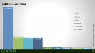 11
22,172,124
6636411
6,141,177 6,110,825
1,305,128 1,198,019 1,019,255 993121 988,744
CHINA
BRASIL
INDIA
MYAMAR
TANZANIA
INDONESIA
RANKING MUNDIAL
Fonte:
Our
World
in
Data,
2022.
 