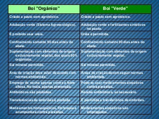 Boi "Orgânico"                                Boi "Verde"
Criado a pasto sem agrotóxico.             Criado a pasto sem agrotóxico.

Adubação verde (Sistema Agroecológico).    Adubação verde e fertilizantes sintéticos
                                              no pasto.
É proibido usar uréia.                     Uréia é permitida.

Confinamento somente 90 dias antes do      Confinamento somente 90 dias antes do
   abate.                                     abate.
Suplementação com alimentos de origem      Suplementação com alimentos de origem
   exclusivamente vegetal, dos quais 80%      exclusivamente vegetal.
   orgânicos.
Sal mineral permitido.                     Sal mineral permitido.

Área de criação deve estar de acordo com   Áreas de criação devem seguir normas
   normas ambientais.                         ambientais.
Emprego de vacina apenas contra a febre    Pode-se usar medicamentos alopáticos
  aftosa. No mais, apenas prevenção.          contra parasitas.
Antibióticos são proibidos.                Recebe antibióticos, se necessário.

Transferências de embriões é proibida.     É permitida a transferência de embriões.

Medicamentos homeopáticos, fitoterapia e   Medicamentos alopáticos são
   acumpuntura contra parasitas.              empregados.
 