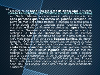    Estende-se de Cabo Frio até a foz do arroio Chuí. O trecho
    desse litoral, que vai de Cabo Frio ao cabo de Santa Maria,
    em Santa Catarina, é caracterizado pela proximidade dos
    altos paredões que dão acesso ao planalto cristalino, na
    Serra do Mar. Em certos trechos, a escarpa se afasta para o
    interior, dando origem a extensas praias, restingas e lagoas
    costeiras. A Baixada Fluminense abriga as lagoas Feia, de
    Araruama, Saquarema e Marica, separadas ao mar por
    restingas. A baía de Guanabara abre-se na Baixada
    Fluminense, com um perímetro de 130 km e uma área de 412
    km². Mais para o Sul, acha-se a Baixada Santista, de menor
    tamanho. O último trecho de nosso litoral se estende do cabo
    de Santa Marta à desembocadura do arroio Chuí. É uma
    costa baixa e arenosa, onde surge uma planície bastante
    larga, que abriga inúmeras lagunas, separadas do mar por
    restingas. Algumas lagunas se comunicam com o oceano
    através de um estreito canal, como acontece com a maior de
    todas, a lagoa dos Patos, com 10.000 km² de área. A lagoa
    Mirim está em contato com a lagoa dos Patos, através do
    canal de São Gonçalo, tendo uma área de aproximadamente
    4.000 km².
 