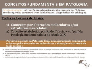 CONCEITOS FUNDAMENTAIS EM PATOLOGIA
• Embora as diferentes células nos tecidos constantemente estejam em interação umas com as outras, é necessário um elaborado sistema de
matriz extracelular para a integridade dos órgãos.
• As interações célula-célula e célula-matriz contribuem significativamente para a resposta à lesão, levando coletivamente à lesão tissular e
orgânica.
• Lesões tissulares e orgânicas são tão importantes quanto as lesões celulares na definição dos padrões morfológicos e clínicos de doenças.
Morfopatologia – alterações morfológicas (estruturais) em células ou
tecidos que são características da doença ou diagnósticas da etiologia;
Todas as Formas de Lesão:
1) Começam por alterações moleculares e/ou
estruturais nas células
2) Conceito estabelecido por Rudolf Virchow (o “pai” da
Patologia moderna) ainda no século XIX
Portanto, o estudo da Patologia Geral necessariamente começa pela
origem e pelos mecanismos moleculares e alterações estruturais da
lesão celular !
 