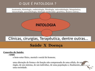 O QUE É PATOLOGIA ?
PATOLOGIA
Anatomia, histologia, embriologia, fisiologia, microbiologia, bioquímica,
imunologia, parasitologia, biologia molecular, genética, dentre outras...
Clínicas, cirurgias, Terapêutica, dentre outras...
Saúde X Doença
Conceito de Saúde:
- OMS
o bem-estar físico, mental e social do homem;
uma alteração de forma e de função não compensada de uma célula, de um
órgão, de um sistema, de um indivíduo, de uma população e, finalmente, de
uma sociedade.
 