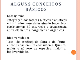 A L G U N S CONCEITOS
BÁSICOS
 Ecossistema:
Integração dos fatores bióticos e abióticos
encontrados num determinado lugar. Nos
ecossistemas há interação e coexistência
entre elementos inorgânicos e orgânicos.
 Biodiversidade:
Total de espécies da flora e da fauna
encontradas em um ecossistema. Quanto
maior o número de espécies, maior a
biodiversidade.
 