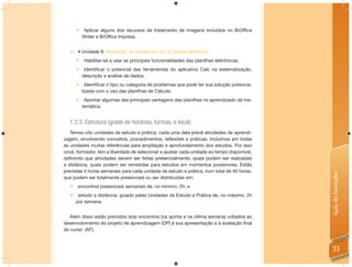     Aplicar alguns dos recursos de tratamento de imagens incluídos no BrOffice
         Writer e BrOffice Impress.


   • Unidade 8: Resolução de problemas com a planilha eletrônica.
         Habilitar-se a usar as principais funcionalidades das planilhas eletrônicas.
         Identificar o potencial das ferramentas do aplicativo Calc na sistematização,
         descrição e análise de dados.
          Identificar o tipo ou categoria de problemas que pode ter sua solução potencia-
         lizada com o uso das planilhas de Cálculo.
         Apontar algumas das principais vantagens das planilhas no aprendizado da ma-
         temática.


  1.3.3. Estrutura (grade de horários, turmas, e local)
   Temos oito unidades de estudo e prática, cada uma dela prevê atividades de aprendi-
zagem, envolvendo conceitos, procedimentos, reﬂexões e práticas. Incluímos em todas
as unidades muitas referências para ampliação e aprofundamento dos estudos. Por isso
você, formador, tem a liberdade de selecionar e ajustar cada unidade ao tempo disponível,
deﬁnindo que atividades devem ser feitas presencialmente, quais podem ser realizadas
a distância, quais podem ser remetidas para estudos em momentos posteriores. Estão
previstas 4 horas semanais para cada unidade de estudo e prática, num total de 40 horas,




                                                                                             Guia do Formador
que podem ser totalmente presenciais ou ser distribuídas em:
   encontros presenciais semanais de, no mínimo, 2h; e
   estudo a distância, guiado pelas Unidades de Estudo e Prática de, no máximo, 2h
    por semana.


  Além disso estão previstos dois encontros (na quinta e na última semana) voltados ao
desenvolvimento do projeto de aprendizagem (DP) à sua apresentação e à avaliação ﬁnal
do curso (AF).



                                                                                             33
 
