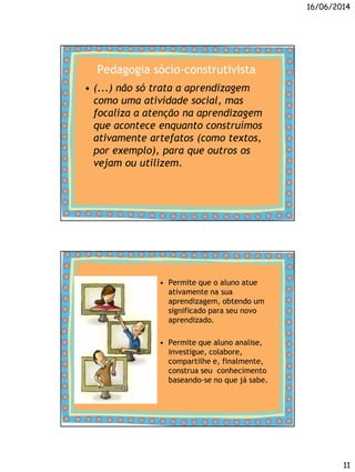 16/06/2014
11
Pedagogia sócio-construtivista
• (...) não só trata a aprendizagem
como uma atividade social, mas
focaliza a atenção na aprendizagem
que acontece enquanto construímos
ativamente artefatos (como textos,
por exemplo), para que outros os
vejam ou utilizem.
• Permite que o aluno atue
ativamente na sua
aprendizagem, obtendo um
significado para seu novo
aprendizado.
• Permite que aluno analise,
investigue, colabore,
compartilhe e, finalmente,
construa seu conhecimento
baseando-se no que já sabe.
 