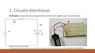 1. Circuito eletrónicos
Definição: Conjunto de componentes eletrónicos ligados por fio condutor.
Imagens disponíveis em (URL):
http://www.dummies.com/how-to/content/how-to-build-a-simple-electronic-circuit.html [Consult. Em 09-02-2013]
 