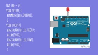 int led = 13;
void setup(){
pinMode(led,OUTPUT);
}
void loop(){
digitalWrite(led,HIGH);
delay(1000);
digitalWrite(led,LOW);
delay(1000);
}
 